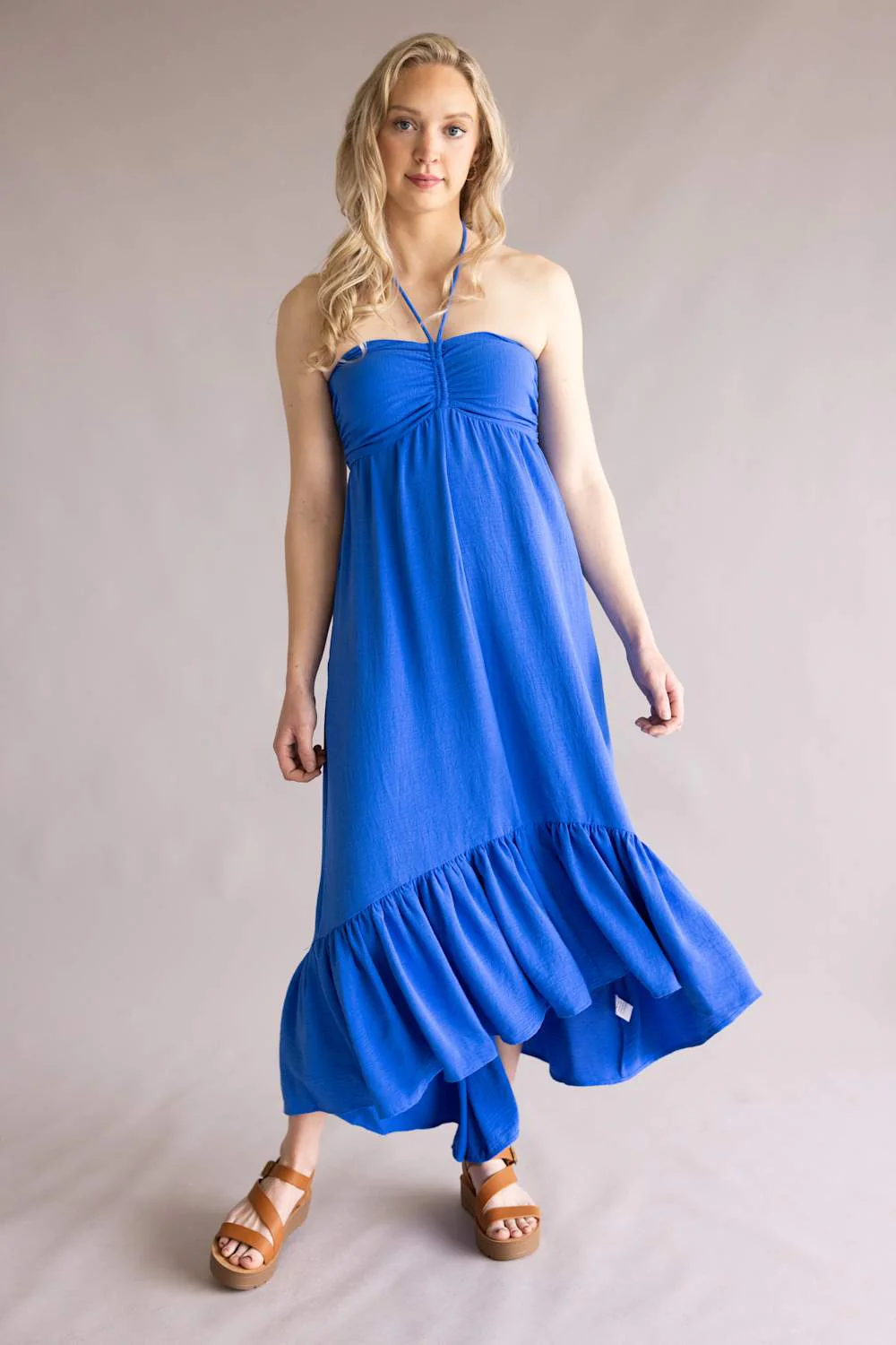Ruched Halter Midi Dress for Women in Blue | A4146-PK-AZU - Image 5
