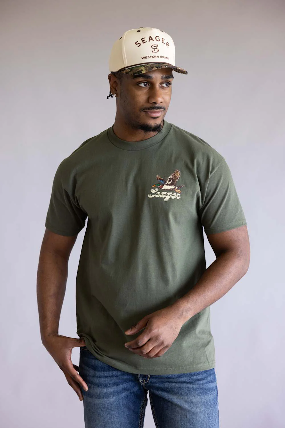 Seager Branded Camo Snapback Hat for Men in Cream | MHF25BRANDCCAMO - Image 2
