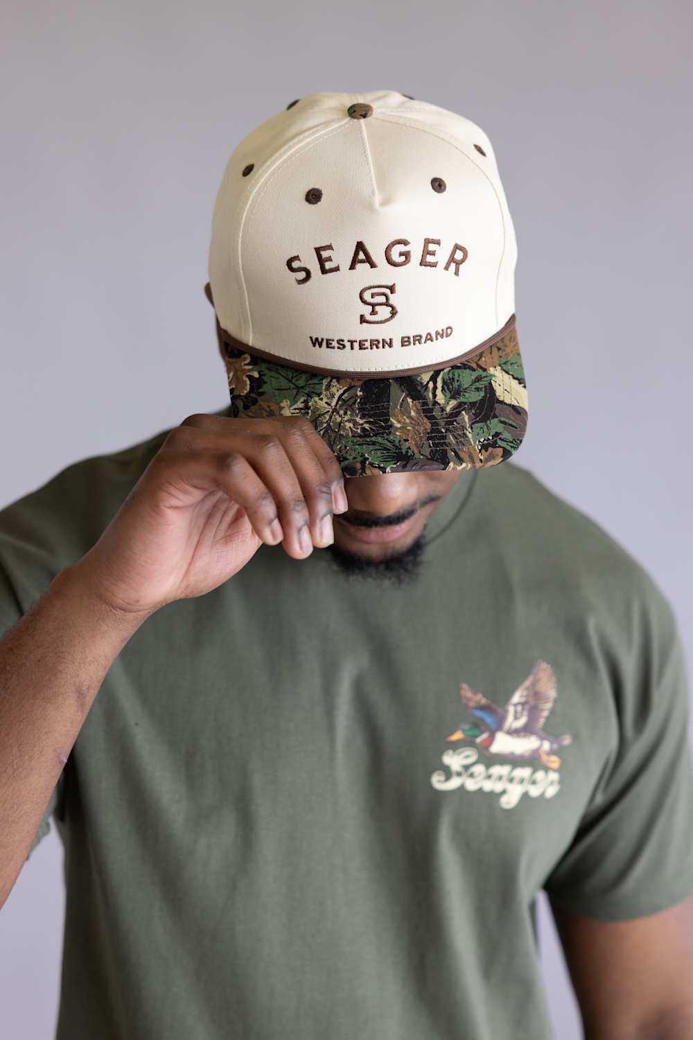 Seager Branded Camo Snapback Hat for Men in Cream | MHF25BRANDCCAMO - Image 4