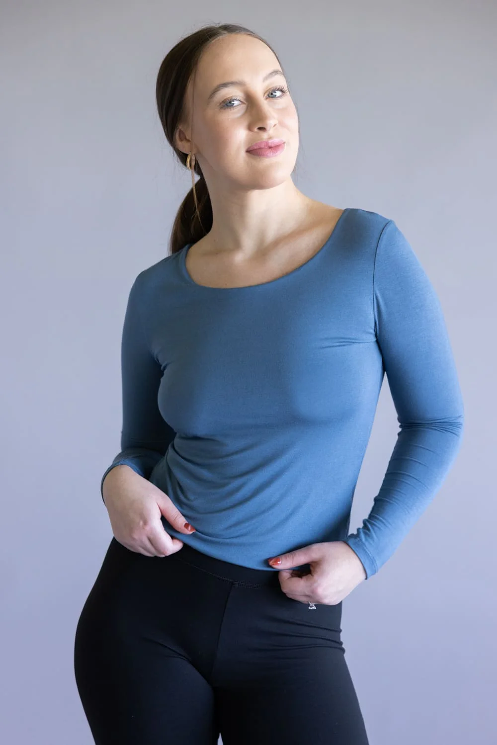 Final Touch Seamless Double Layer Knit Long Sleeve T-Shirt for Women in Blue Slate | T31152-SLATE - Image 3