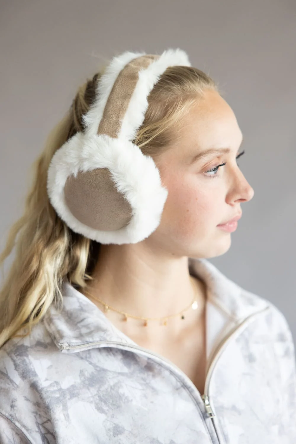 Sherpa Fur Earmuffs for Women in Taupe | YCE420023-TAUPE - Image 2