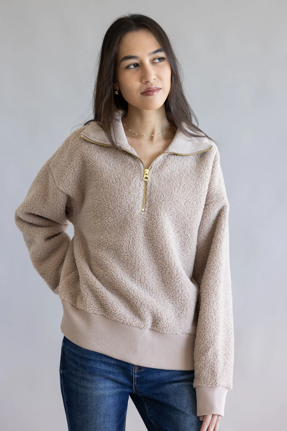 Sherpa ½ Zip Pullover for Women in Brown | HFY94208-W23-OAKBROWN