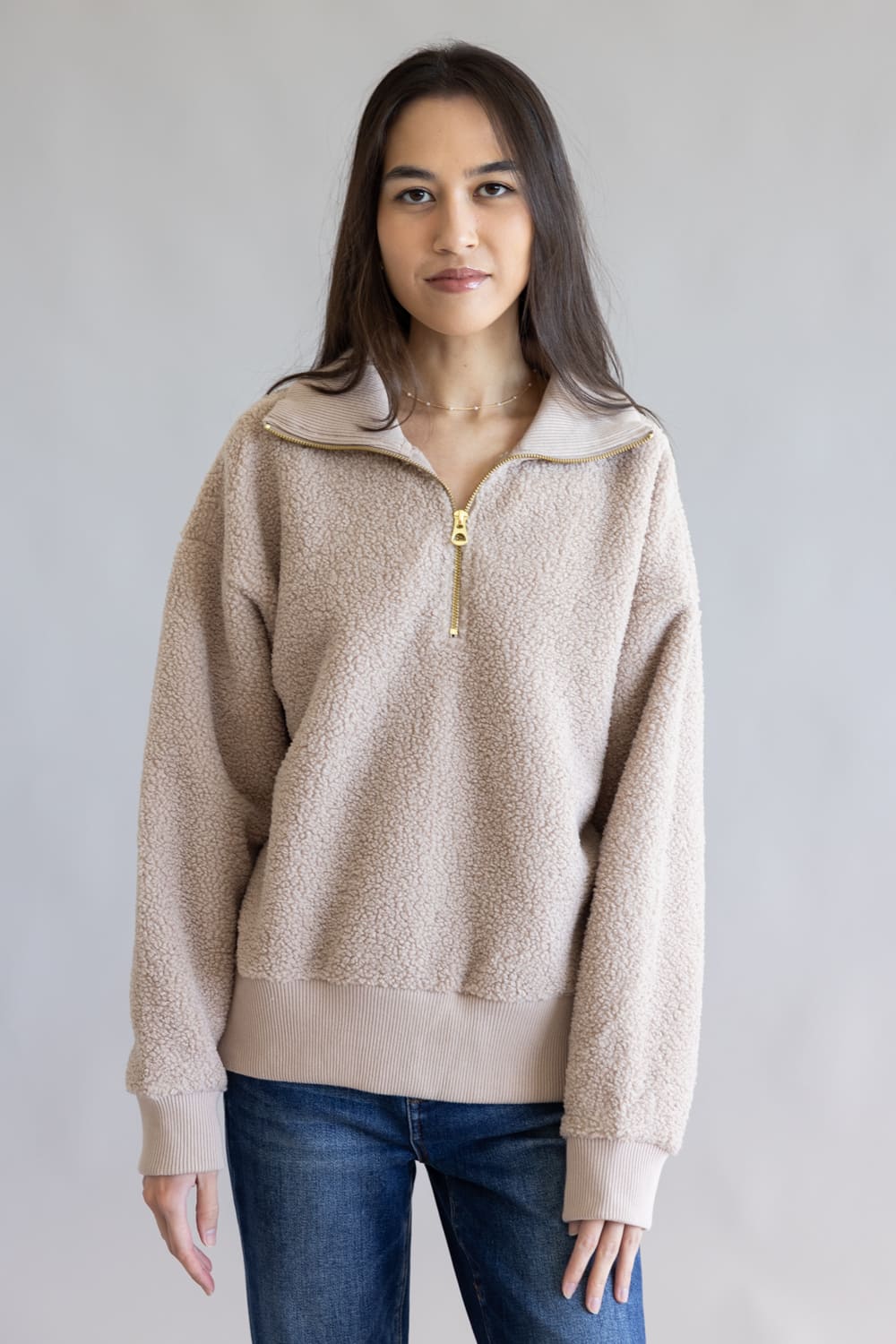 Sherpa ½ Zip Pullover for Women in Brown | HFY94208-W23-OAKBROWN - Image 4