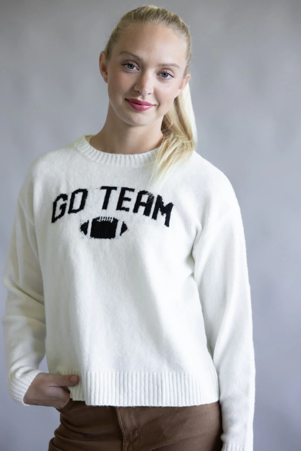 Simply Southern Anastasia Go Team Crew Neck Sweater for Women in Cream | PP-0225-SWTR-ANASTASIA-GTM - Image 3
