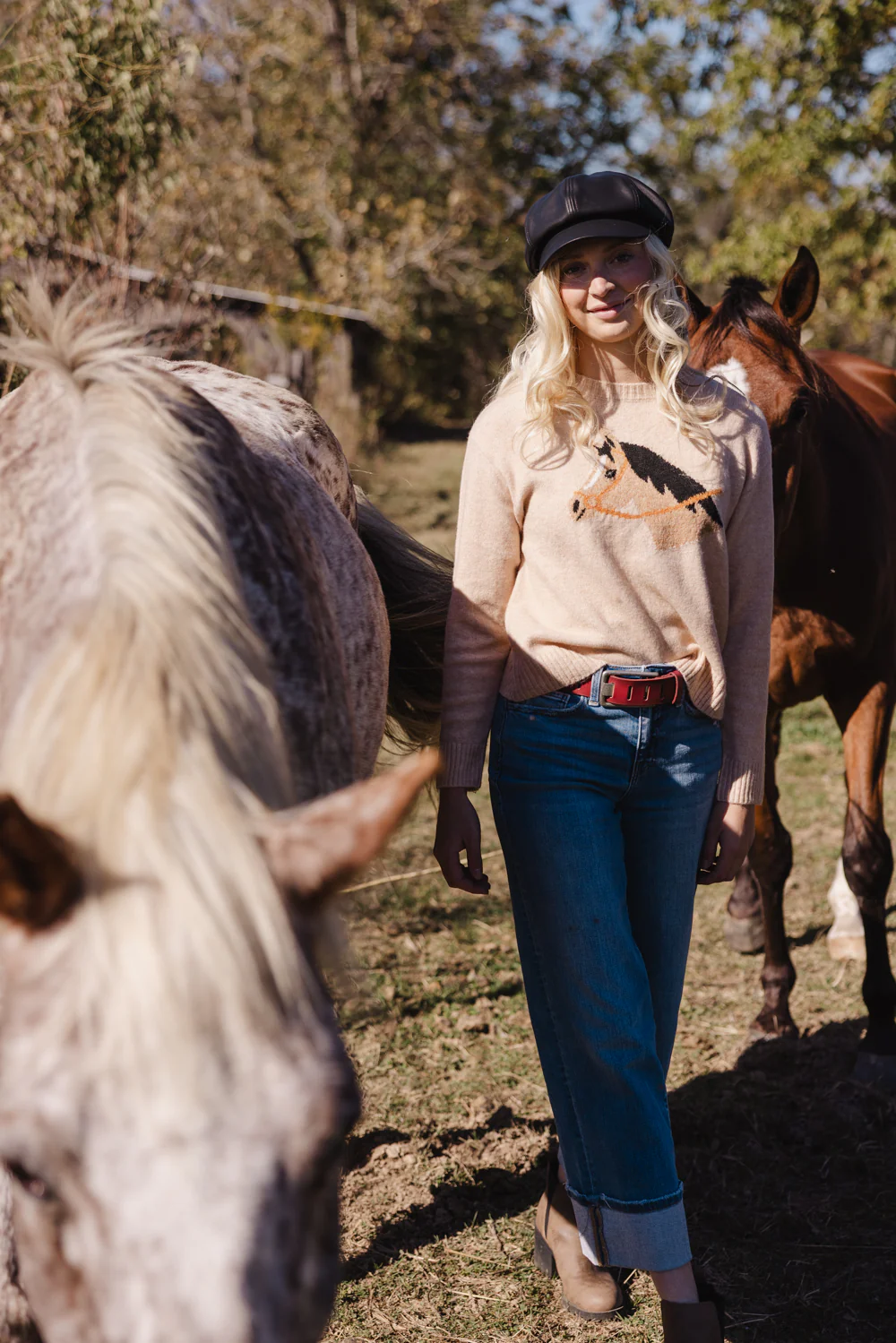 Simply Southern Anastasia Horse Crew Neck Sweater for Women in Tan | PP-0225-SWTR-ANASTASIA-HRS - Image 2