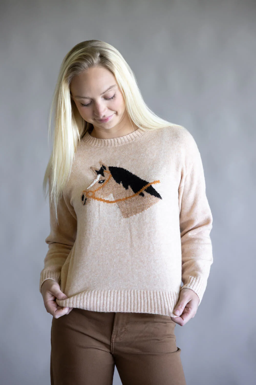 Simply Southern Anastasia Horse Crew Neck Sweater for Women in Tan | PP-0225-SWTR-ANASTASIA-HRS - Image 4