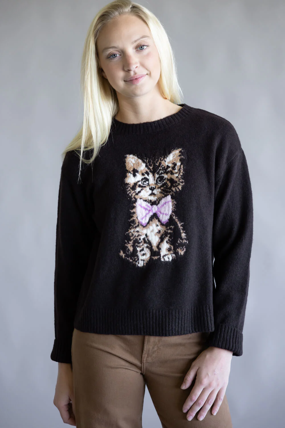 Simply Southern Anastasia Kitty Crew Neck Sweater for Women in Black | PP-0225-SWTR-ANASTASIA-CAT - Image 2