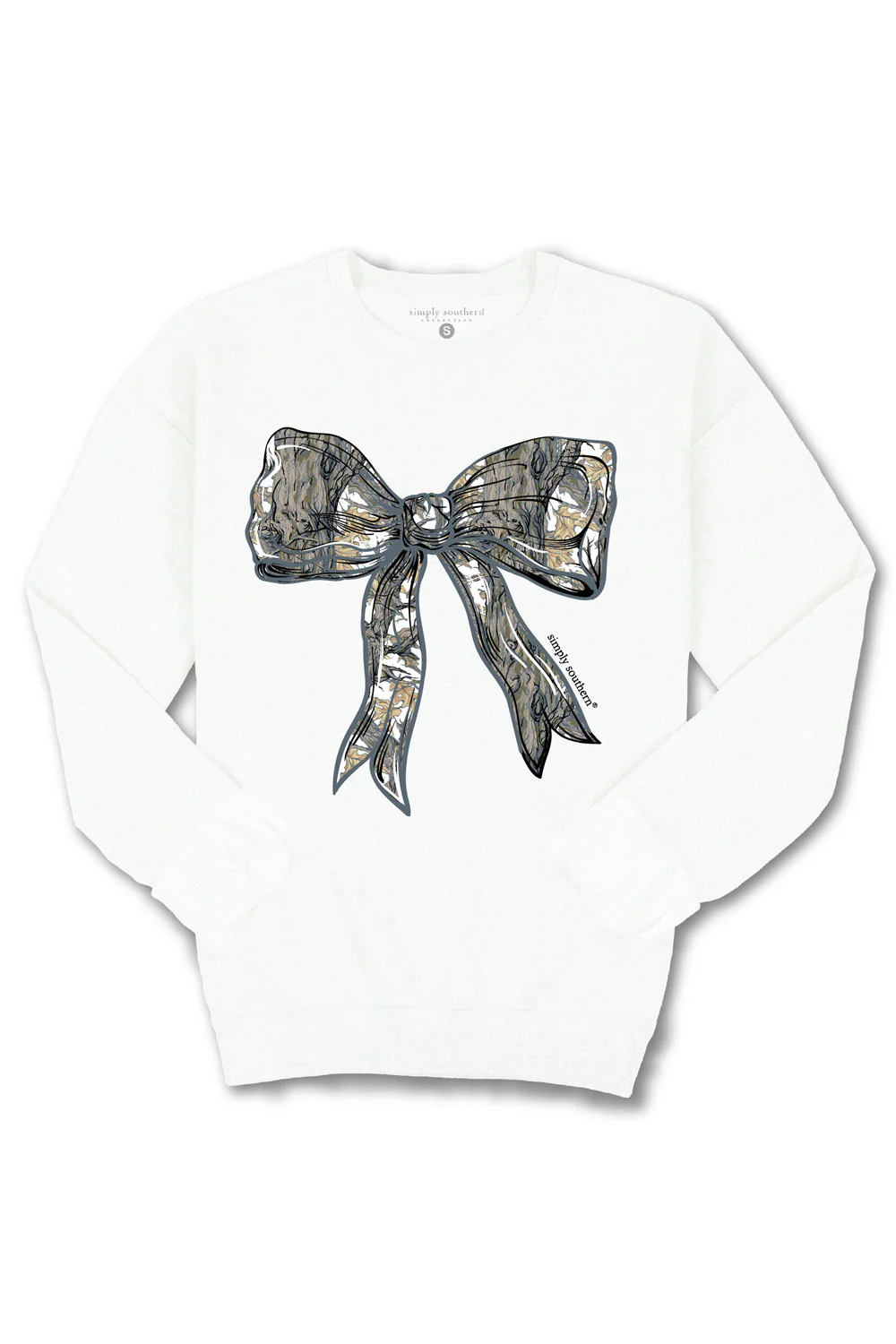 Simply Southern Camo Bow Crewneck for Women in White | CREW-WHITECAMO-WHITE - Image 2