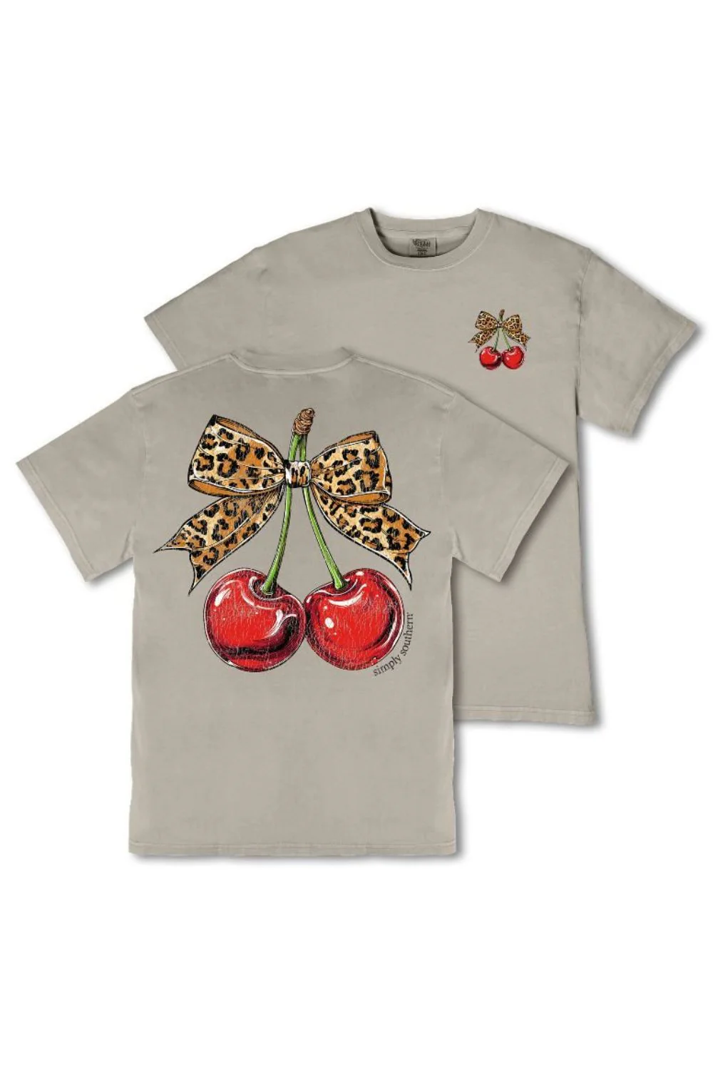 Simply Southern Cherries with Leopard Bow Mineral Wash T-Shirt for Women in Birch Tan | MINWASH-CHERRY-BIRCH - Image 2