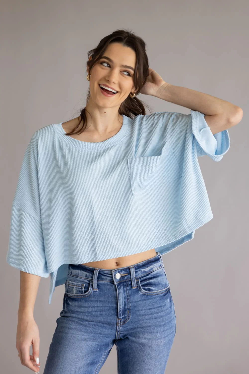 Simply Southern Corded Crop Top for Women in Blue | PP-0126-TEE-CRP-CRD-TIDAL - Image 3