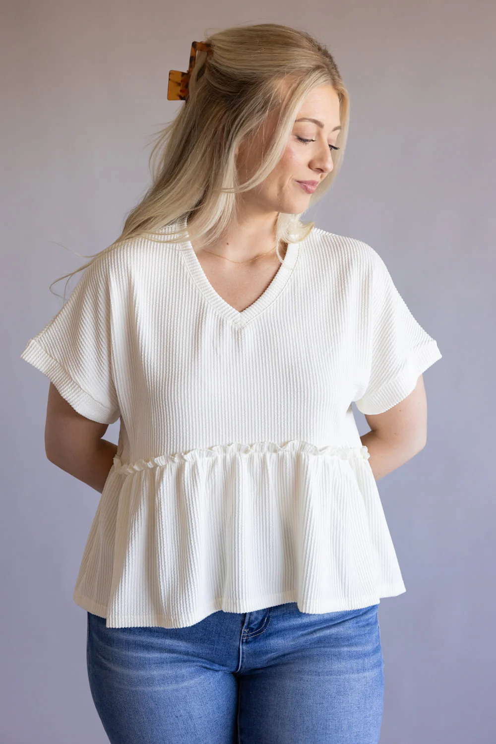 Simply Southern Corded Ruffle Top for Women in Pearl | PP-0126-TOP-CRD-RFL-PEAR - Image 3