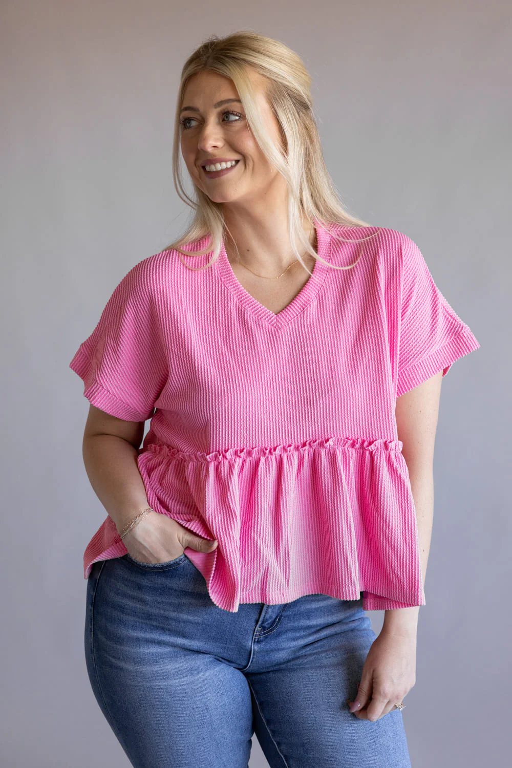 Simply Southern Corded Ruffle Top for Women in Prism Pink | PP-0126-TOP-CRD-RFL-PRISM - Image 2
