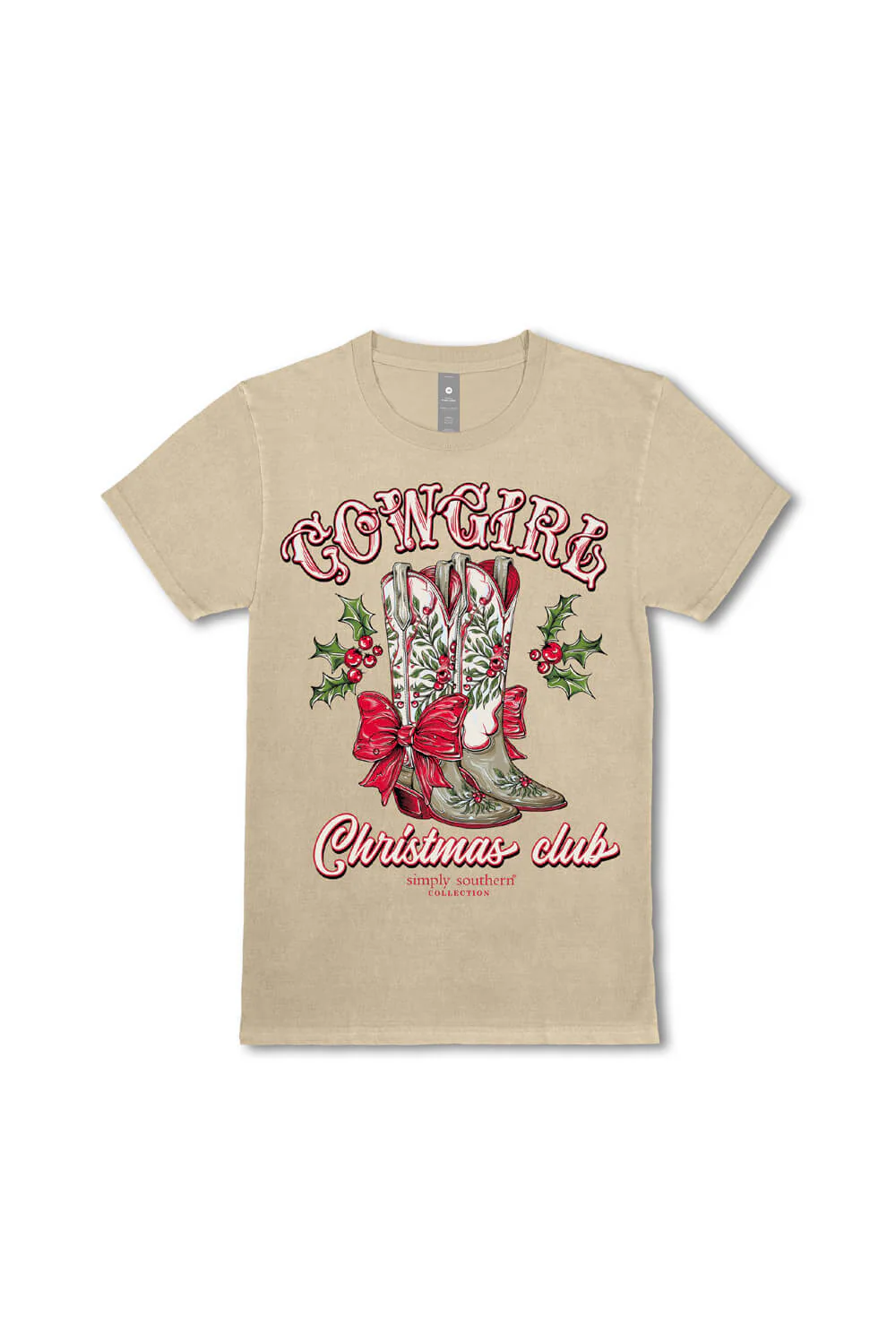 Simply Southern Cowgirl Christmas Club T-Shirt for Women in Beige | SS-HLDYBOOTS-WSHECRU - Image 2