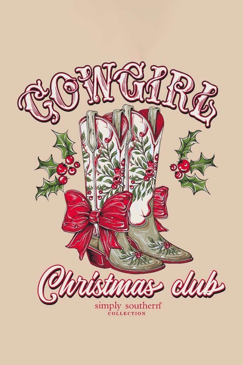 Simply Southern Cowgirl Christmas Club T-Shirt for Women in Beige | SS-HLDYBOOTS-WSHECRU - Image 3