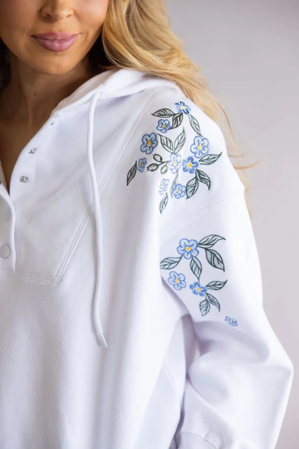 Simply Southern Crop Snap Hoodie for Women in Blue Flower | PP-0126-HD-SNAP-CRP-ROBFLR - Image 2