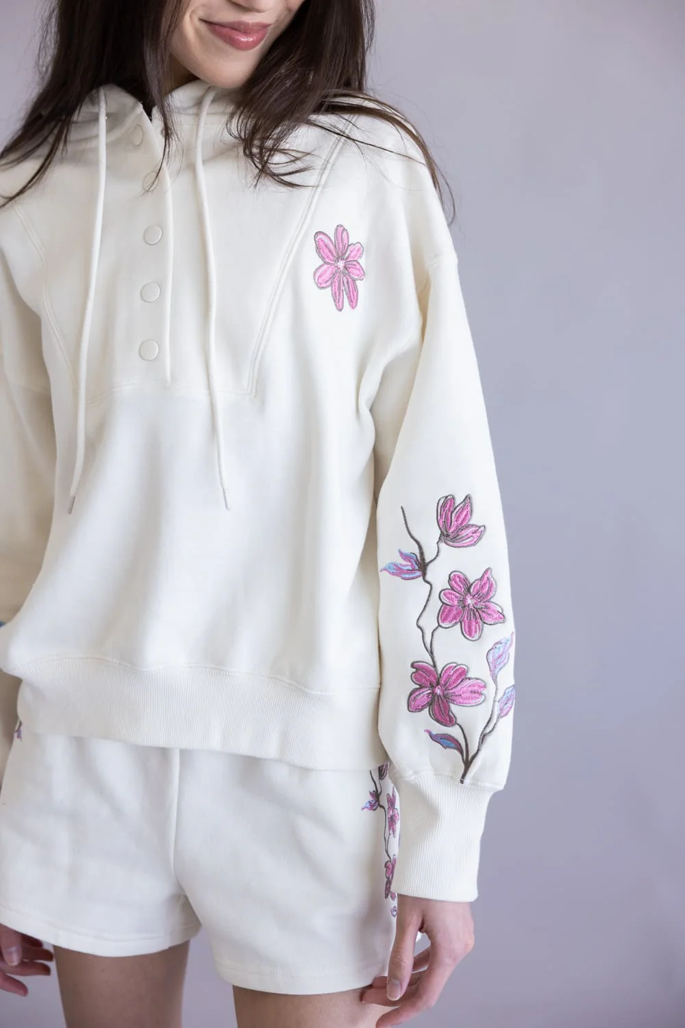 Simply Southern Crop Snap Hoodie for Women in Blush Flower | PP-0126-HD-SNAP-CRP-BLSHFLR - Image 2