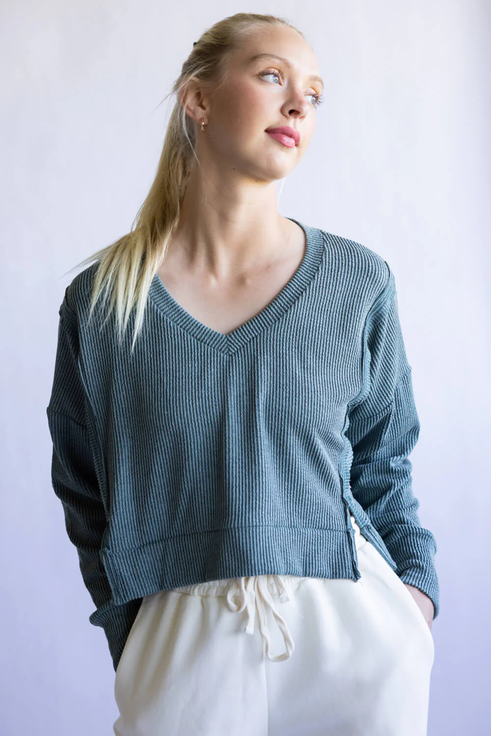 Simply Southern Cropped V-Neck Knit Pullover for Women - Image 3