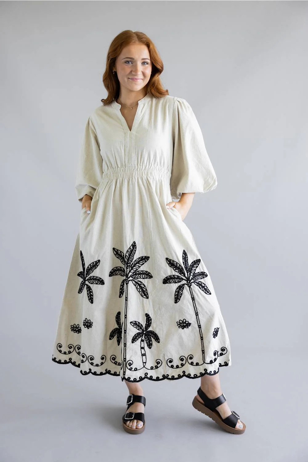 Simply Southern Embroidered Puff Sleeve Dress for Women in Linen | PP-0126-DRS-EMBPUFF-LINEN - Image 4