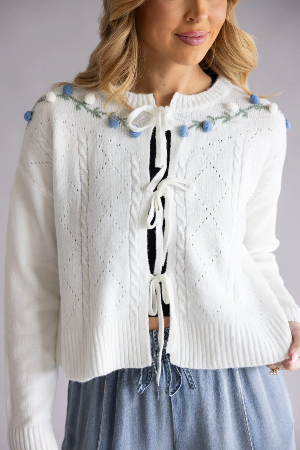 Simply Southern Floral Tie Front Cardigan for Women in Cream | PP-0126-CRD-FLW - Image 2