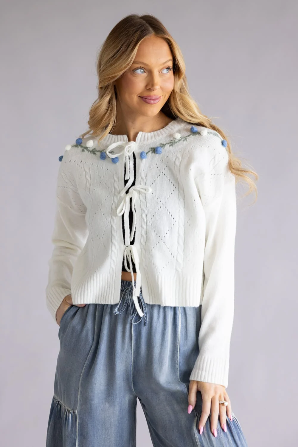 Simply Southern Floral Tie Front Cardigan for Women in Cream | PP-0126-CRD-FLW - Image 3