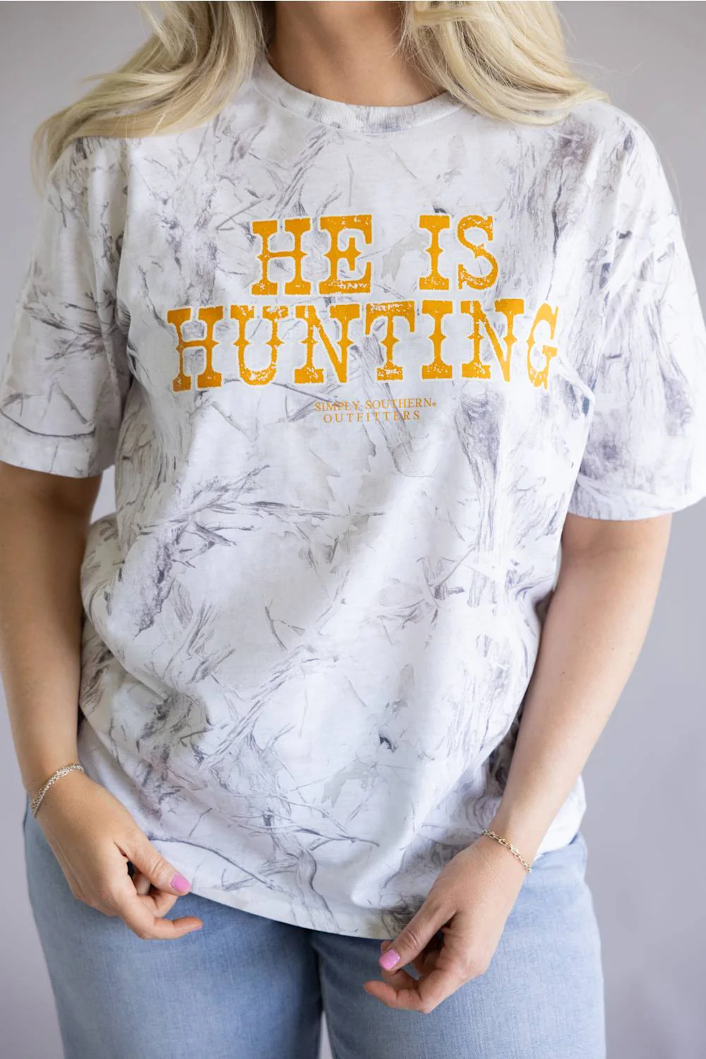 Simply Southern He Is Hunting T-Shirt for Women in White Camo | SS-HEIS-CAMOWHT - Image 2