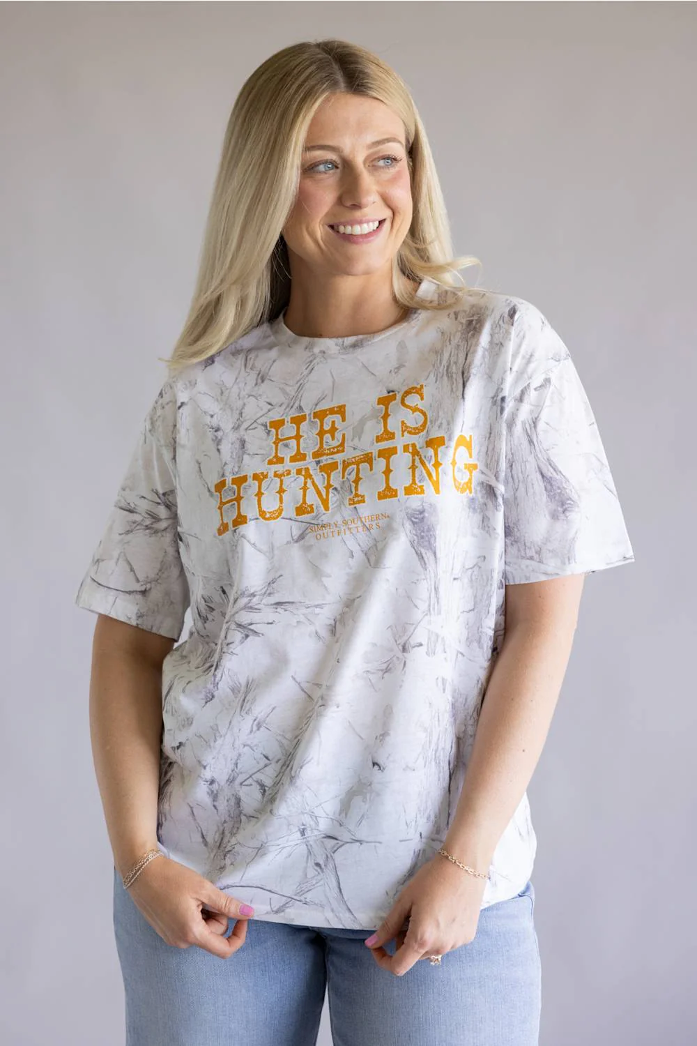 Simply Southern He Is Hunting T-Shirt for Women in White Camo | SS-HEIS-CAMOWHT - Image 4