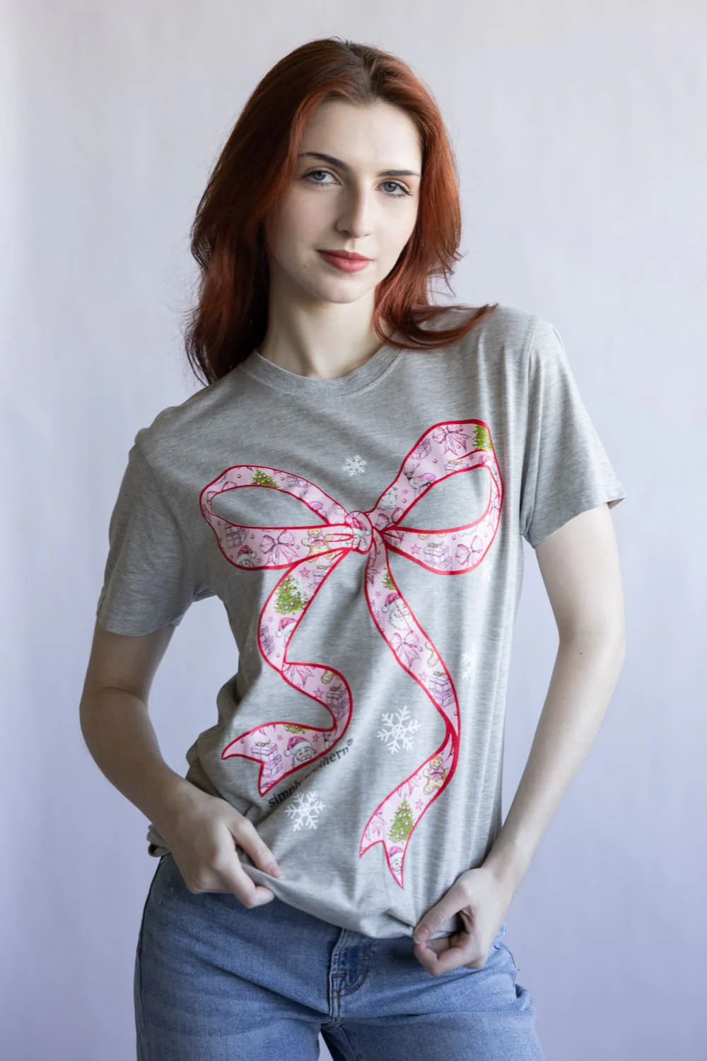 Simply Southern Holiday Bow T-Shirt for Women in Gray | SS-SANTABOW-STORMHTHR - Image 3