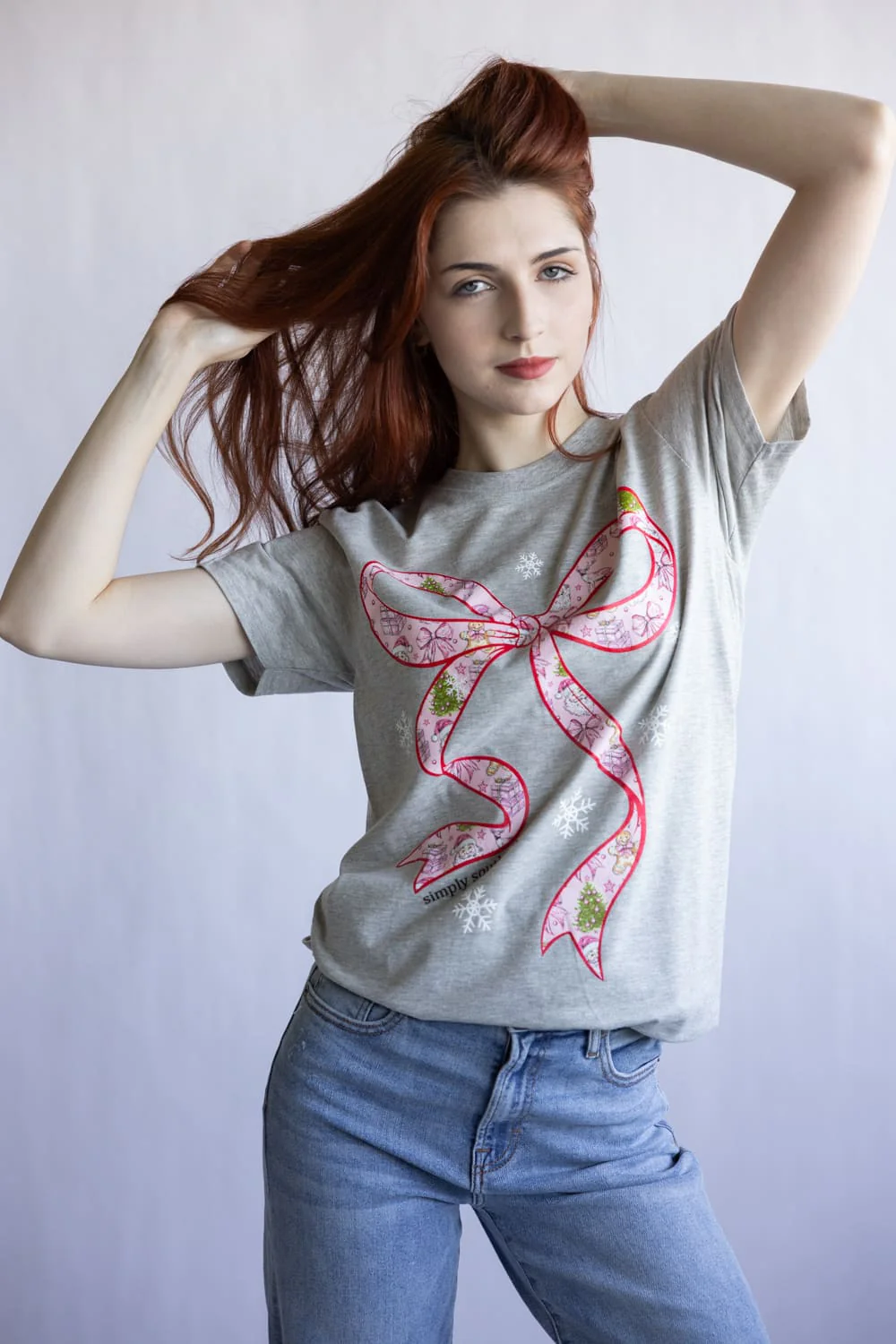 Simply Southern Holiday Bow T-Shirt for Women in Gray | SS-SANTABOW-STORMHTHR - Image 4