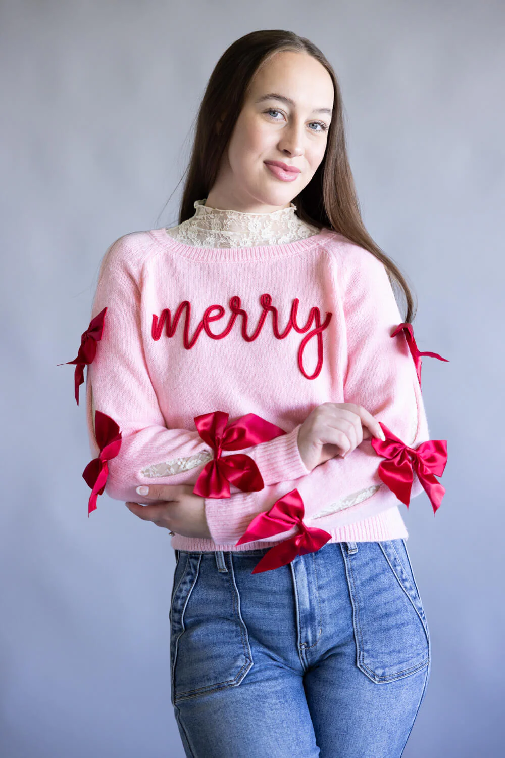 Simply Southern Merry Bow Sleeve Sweater for Women in Pink | PP-0225-SWTR-EYVA-PINK - Image 3