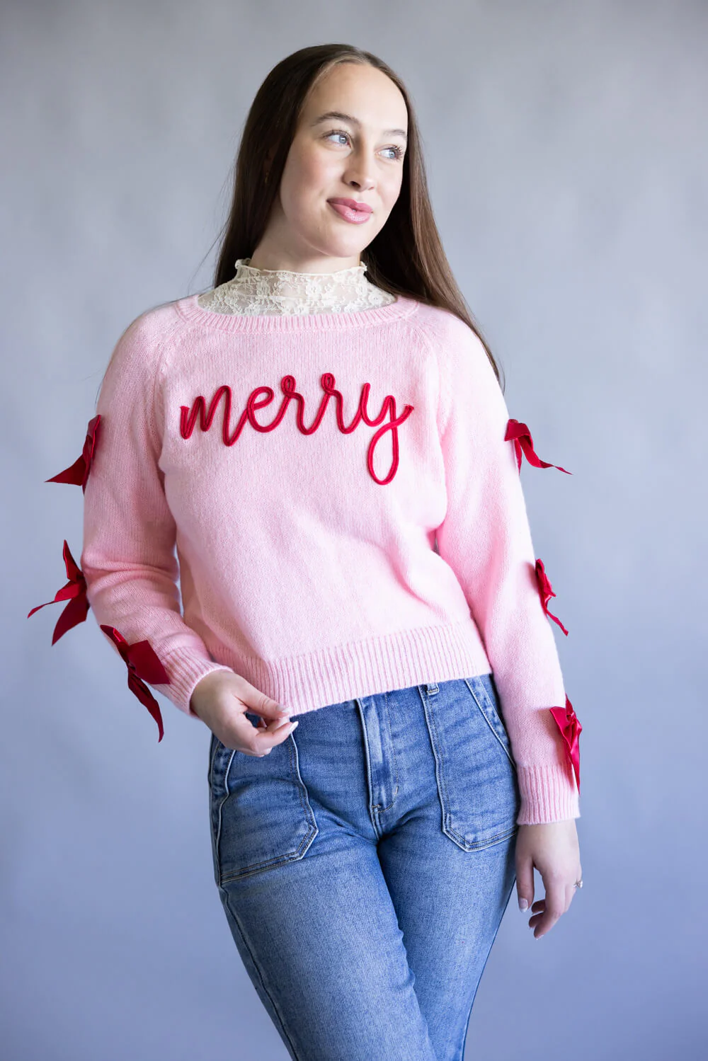 Simply Southern Merry Bow Sleeve Sweater for Women in Pink | PP-0225-SWTR-EYVA-PINK - Image 4