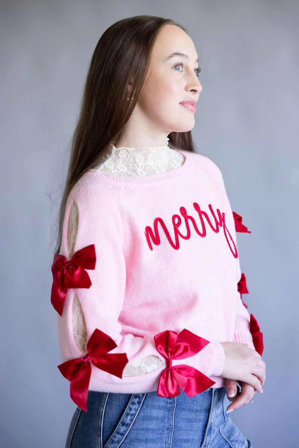 Simply Southern Merry Bow Sleeve Sweater for Women in Pink | PP-0225-SWTR-EYVA-PINK - Image 5