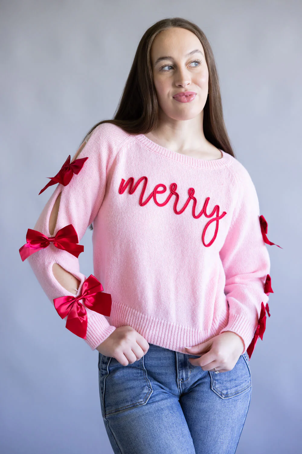 Simply Southern Merry Bow Sleeve Sweater for Women in Pink | PP-0225-SWTR-EYVA-PINK - Image 6