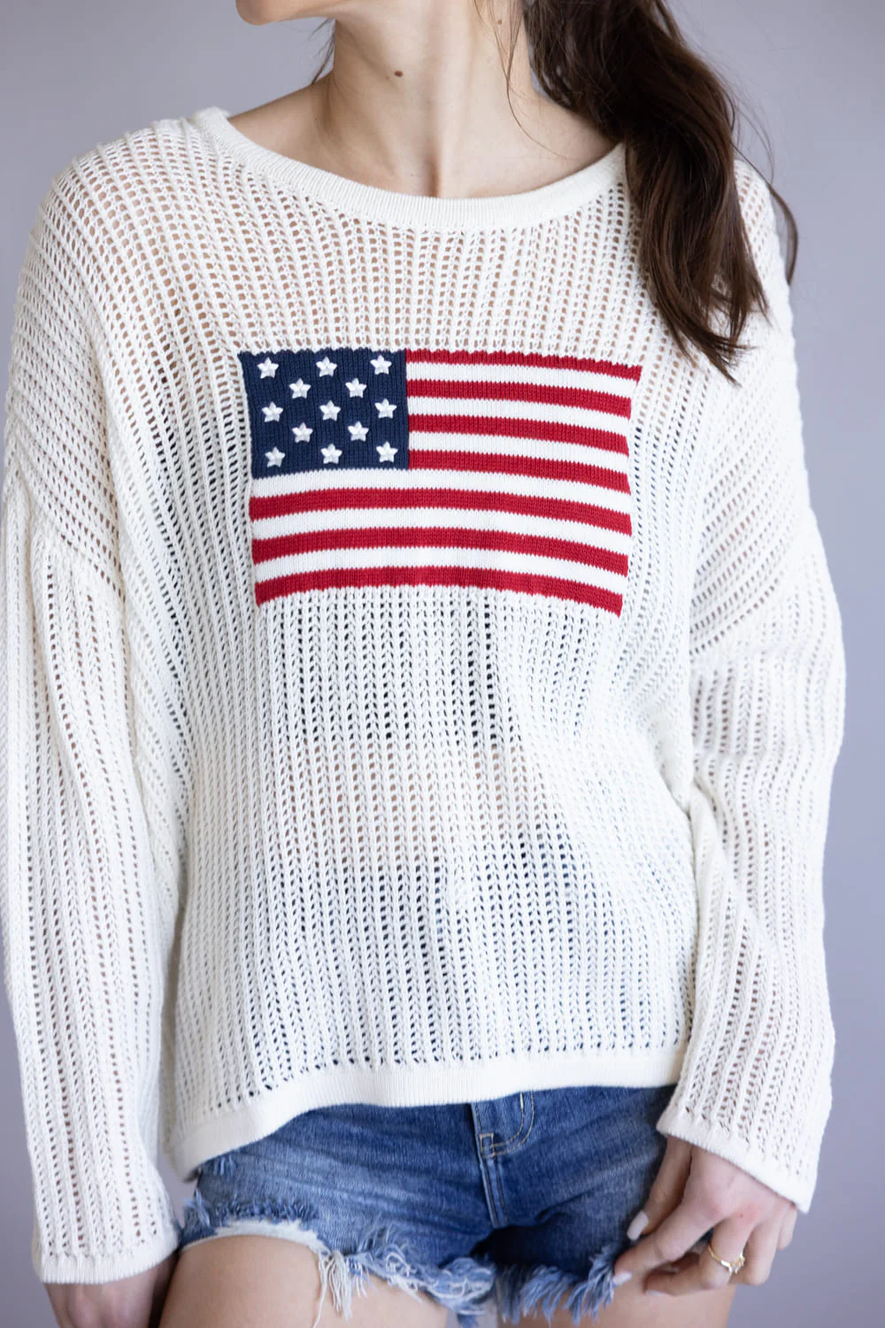 Simply Southern Open Knit Flag Sweater for Women in Cream | PP-0126-SWTR-FLAG - Image 2