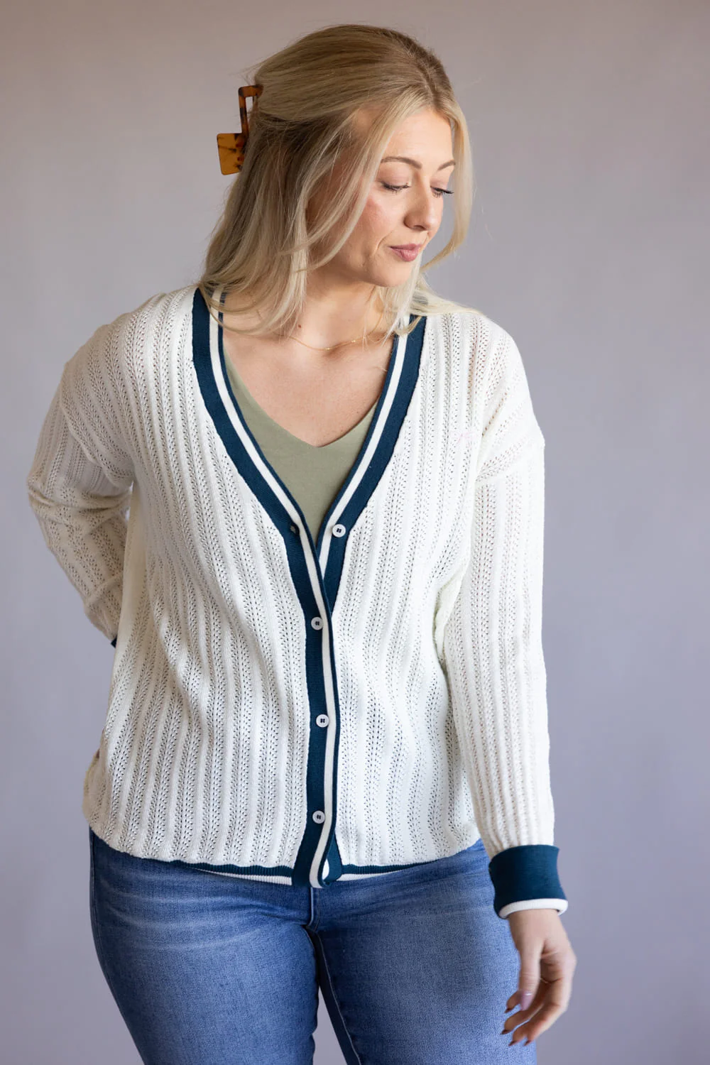 Simply Southern Oversized Long Varsity Cardigan for Women in White/Navy | PP-0126-CARDI-VARSTY-NAVY - Image 2