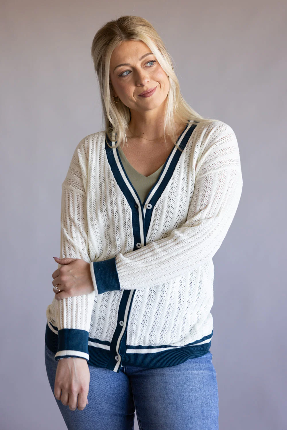 Simply Southern Oversized Long Varsity Cardigan for Women in White/Navy | PP-0126-CARDI-VARSTY-NAVY - Image 3
