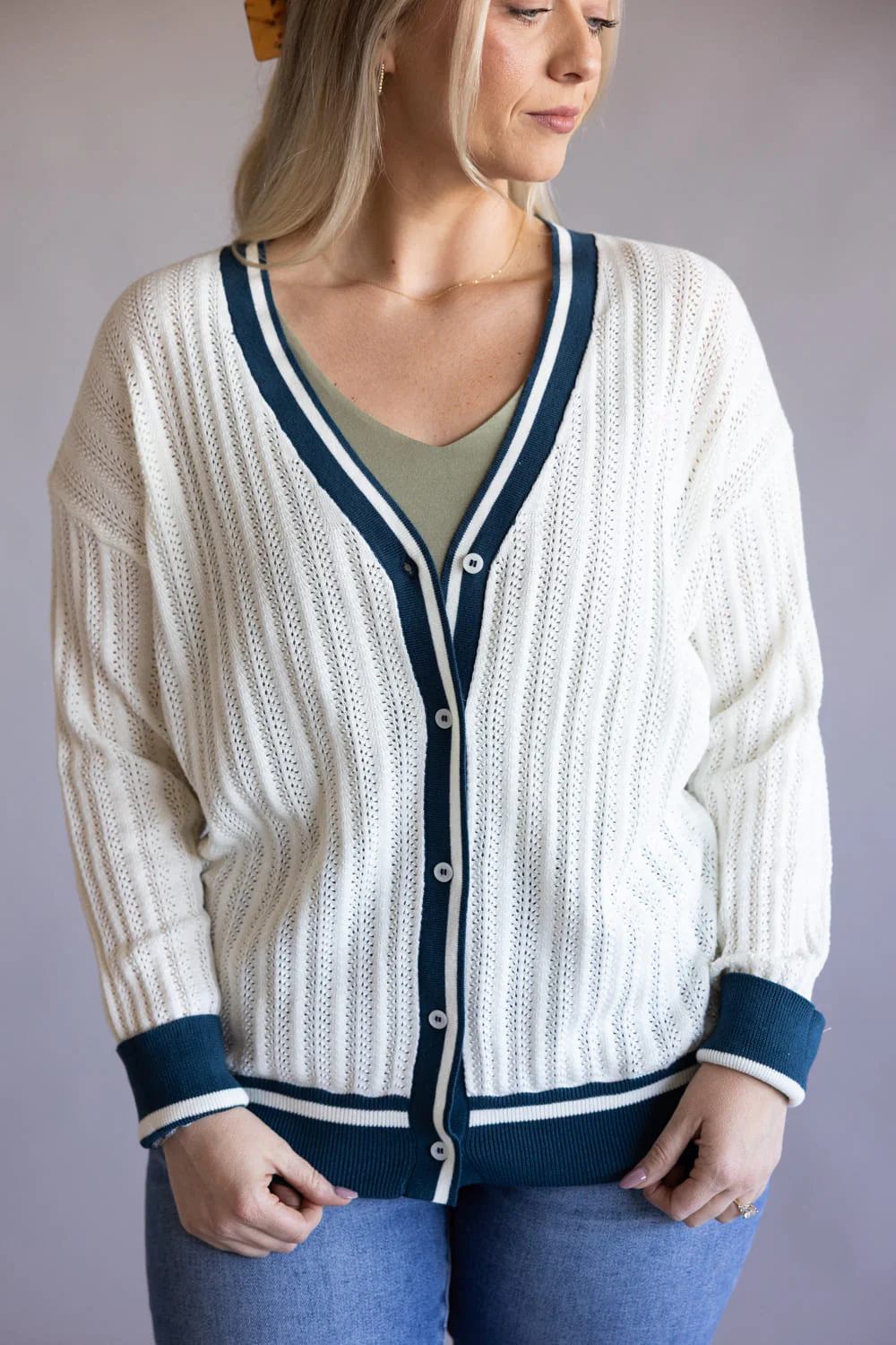 Simply Southern Oversized Long Varsity Cardigan for Women in White/Navy | PP-0126-CARDI-VARSTY-NAVY - Image 4
