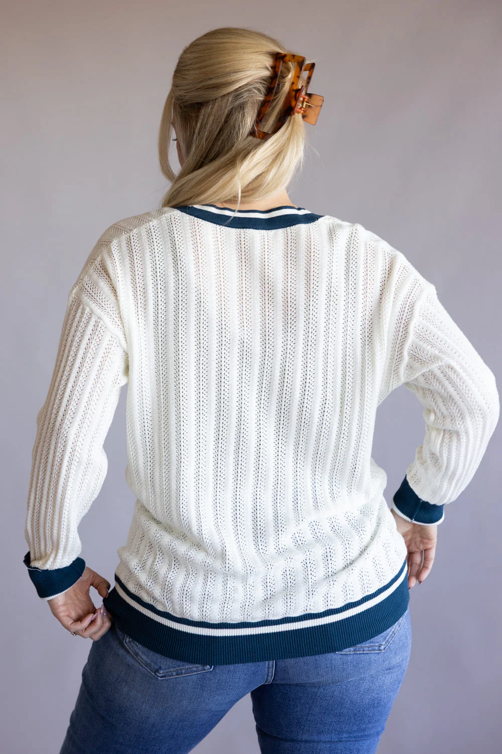 Simply Southern Oversized Long Varsity Cardigan for Women in White/Navy | PP-0126-CARDI-VARSTY-NAVY - Image 5