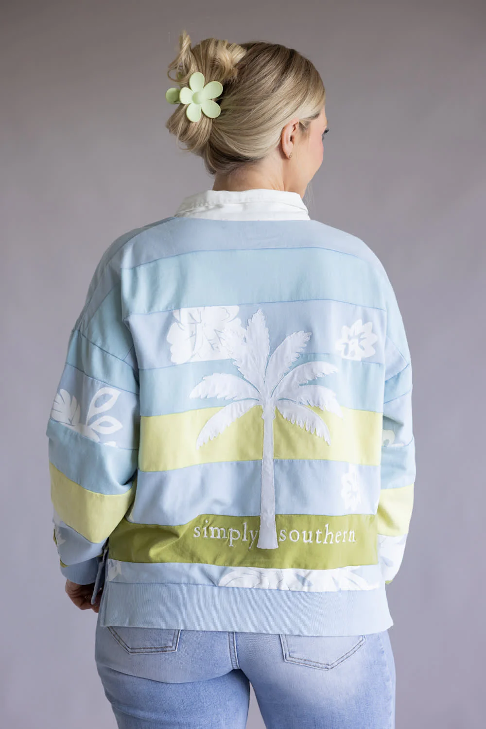 Simply Southern Palm Polo Pullover for Women in Blue | PP-0126-POLO-PALM-BLUE - Image 4
