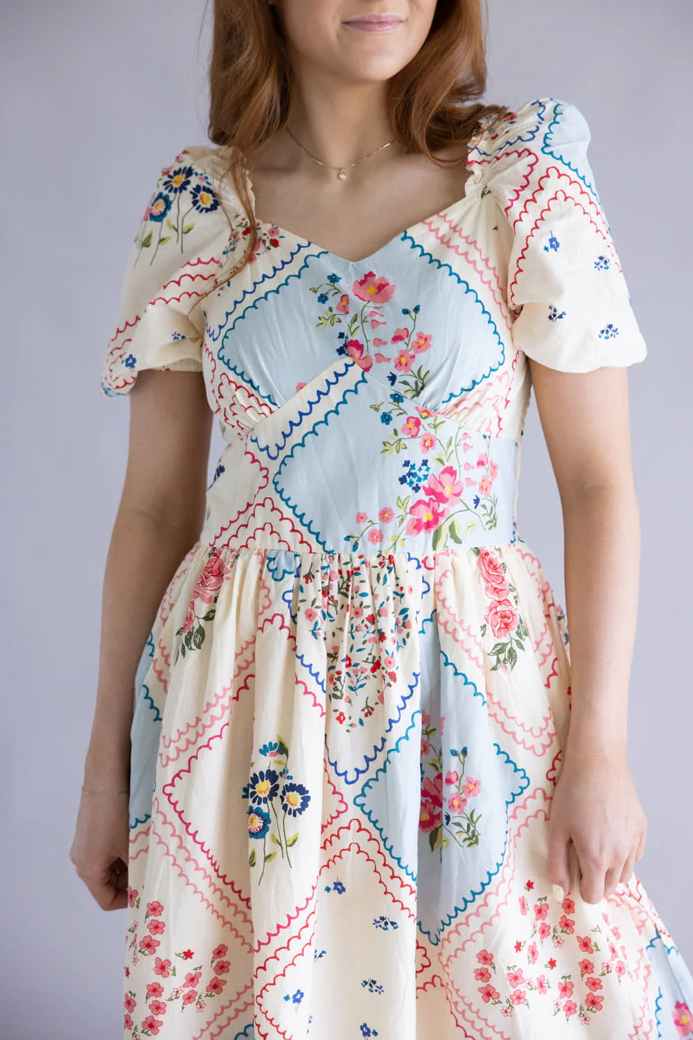 Simply Southern Patchwork Puff Dress for Women in Cream | PP-0126-DRS-PUFF-PATCH-YLW - Image 2