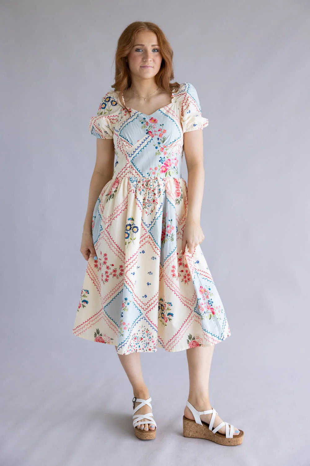 Simply Southern Patchwork Puff Dress for Women in Cream | PP-0126-DRS-PUFF-PATCH-YLW - Image 4