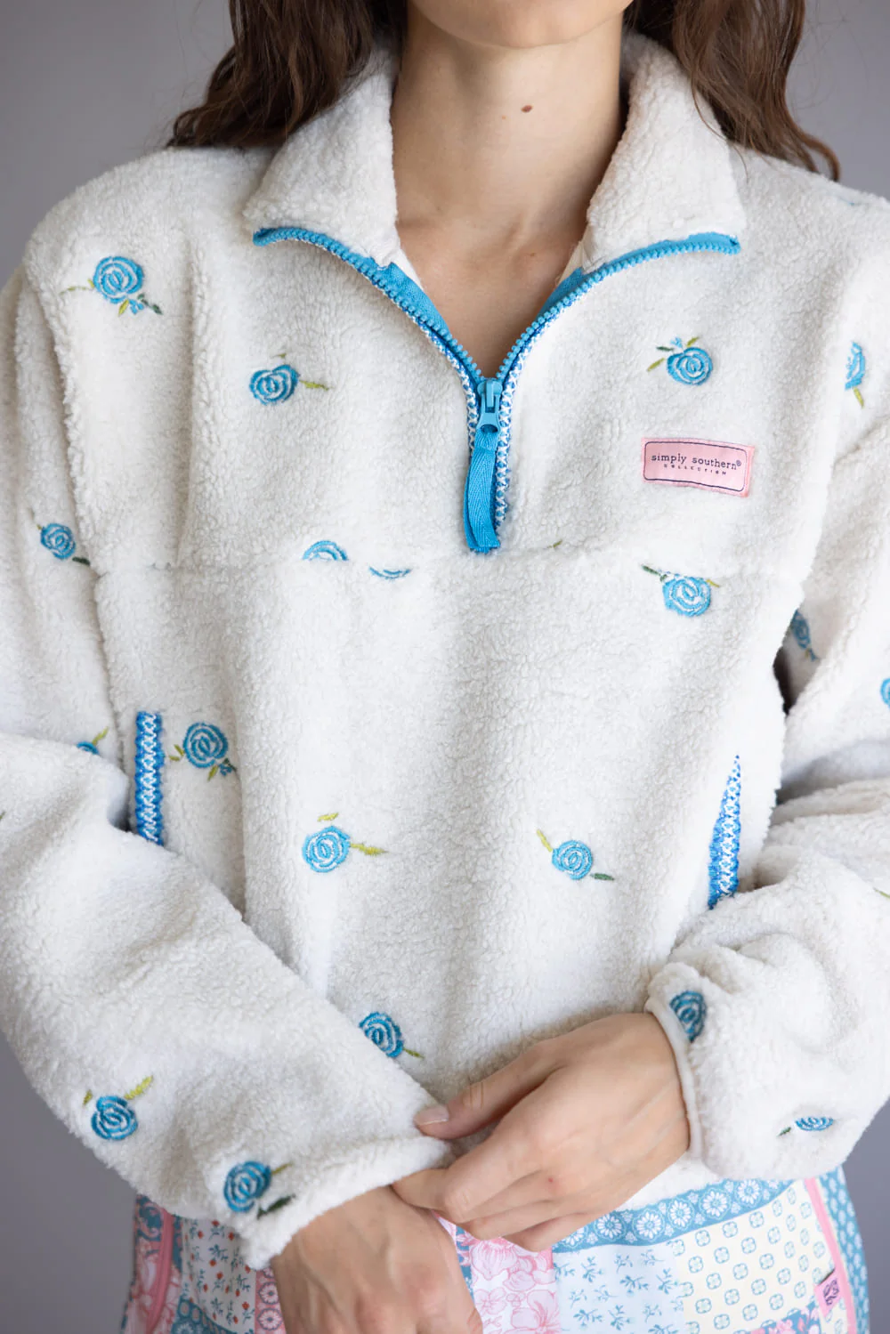 Simply Southern Taylor ½ Zip Blue Flower Pullover for Women in Cream | PP-0225-PULL-TAYLOR-BLUFL - Image 4