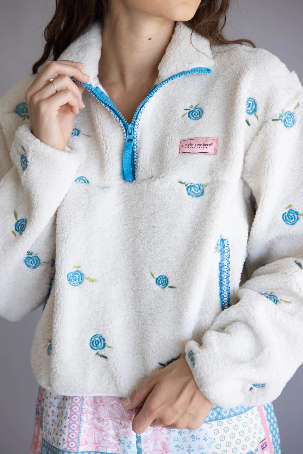 Simply Southern Taylor ½ Zip Blue Flower Pullover for Women in Cream | PP-0225-PULL-TAYLOR-BLUFL - Image 5