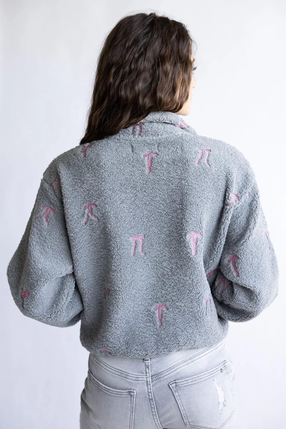 Simply Southern Taylor ½ Zip Pink Bows Pullover for Women in Grey | PP-0225-PULL-TAYLOR-RBBN - Image 2