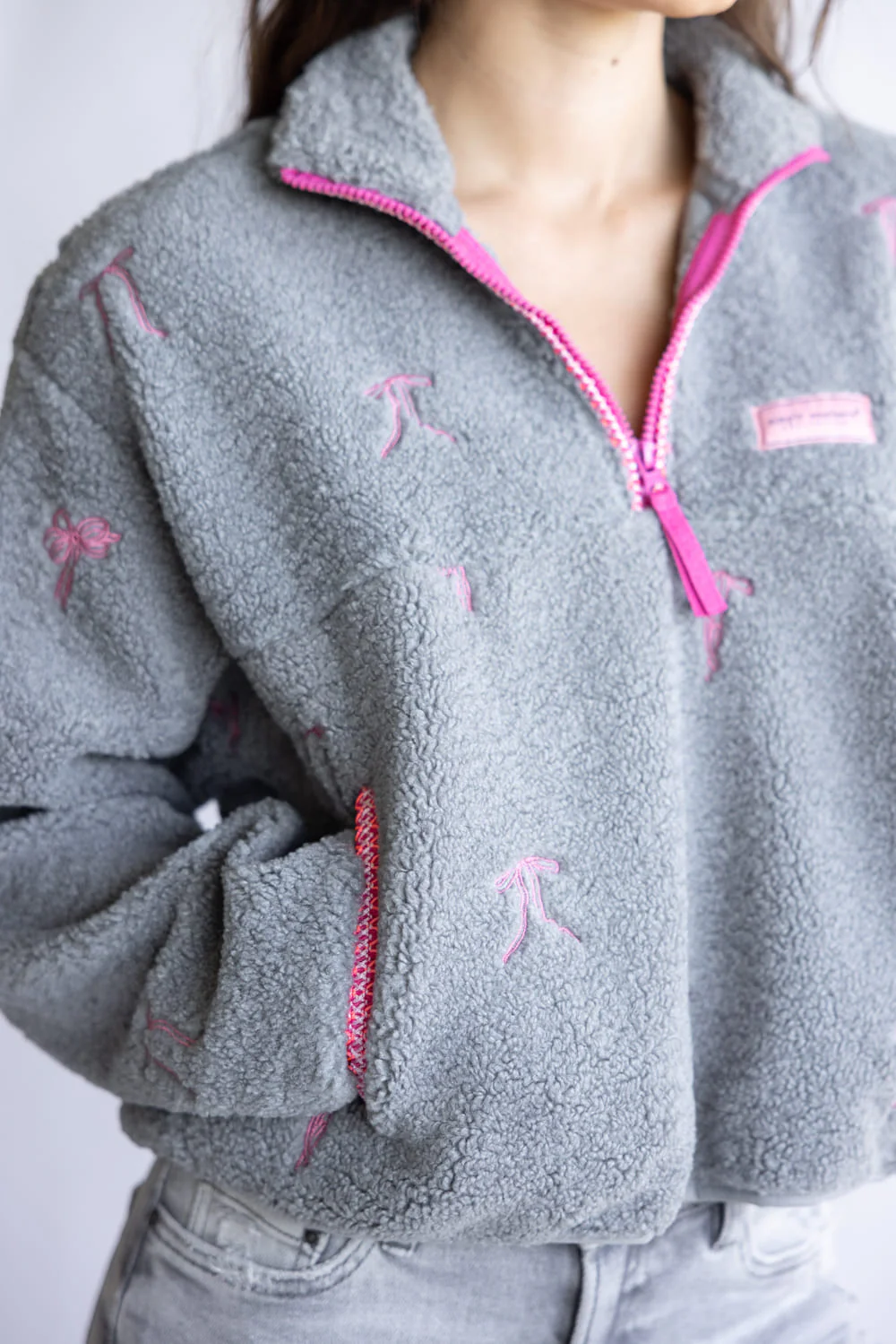 Simply Southern Taylor ½ Zip Pink Bows Pullover for Women in Grey | PP-0225-PULL-TAYLOR-RBBN - Image 3