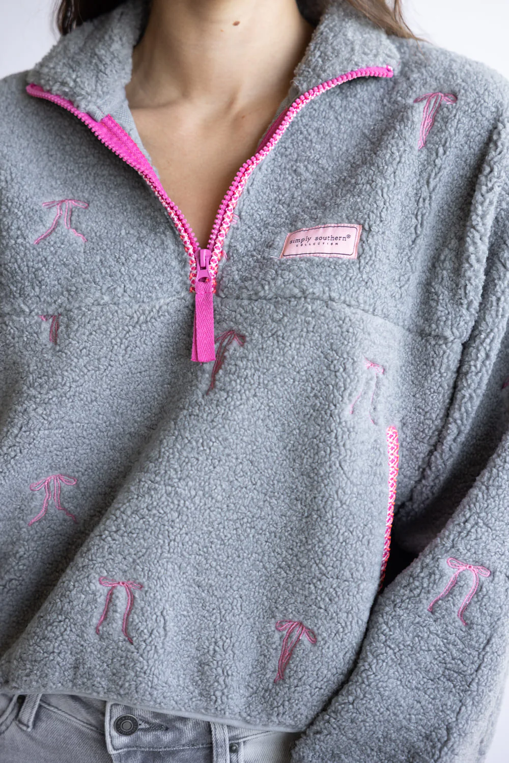 Simply Southern Taylor ½ Zip Pink Bows Pullover for Women in Grey | PP-0225-PULL-TAYLOR-RBBN - Image 4