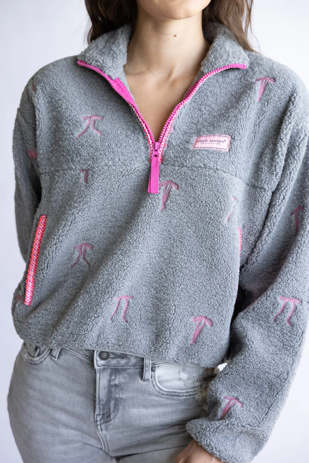 Simply Southern Taylor ½ Zip Pink Bows Pullover for Women in Grey | PP-0225-PULL-TAYLOR-RBBN - Image 5