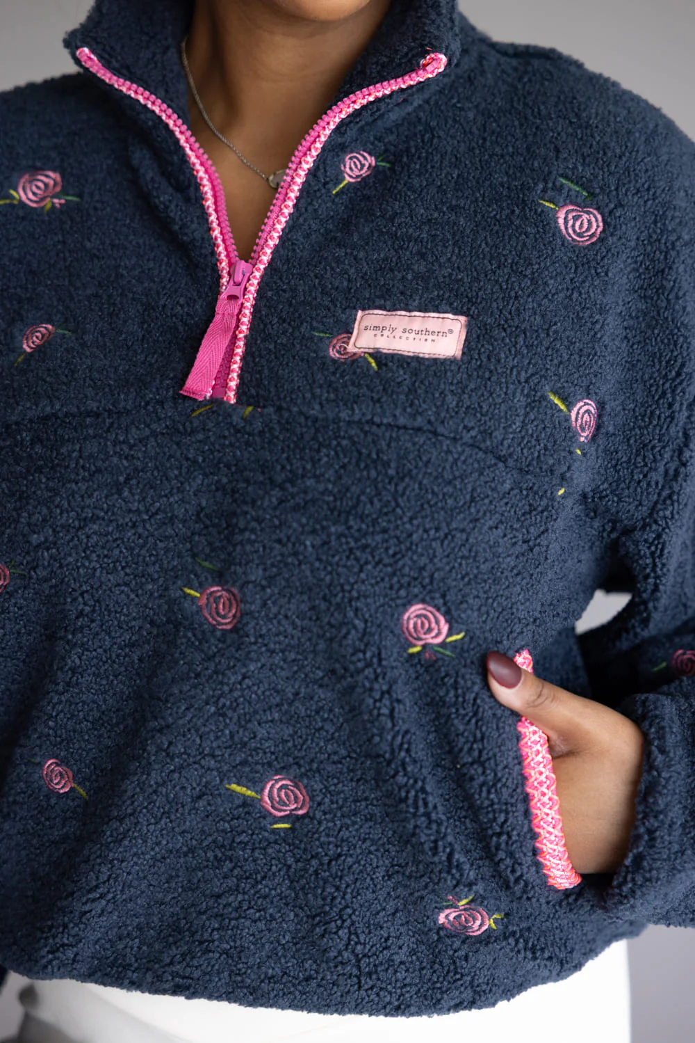 Simply Southern Taylor ½ Zip Pink Flower Pullover for Women in Navy | PP-0225-PULL-TAYLOR-PNKFL - Image 3