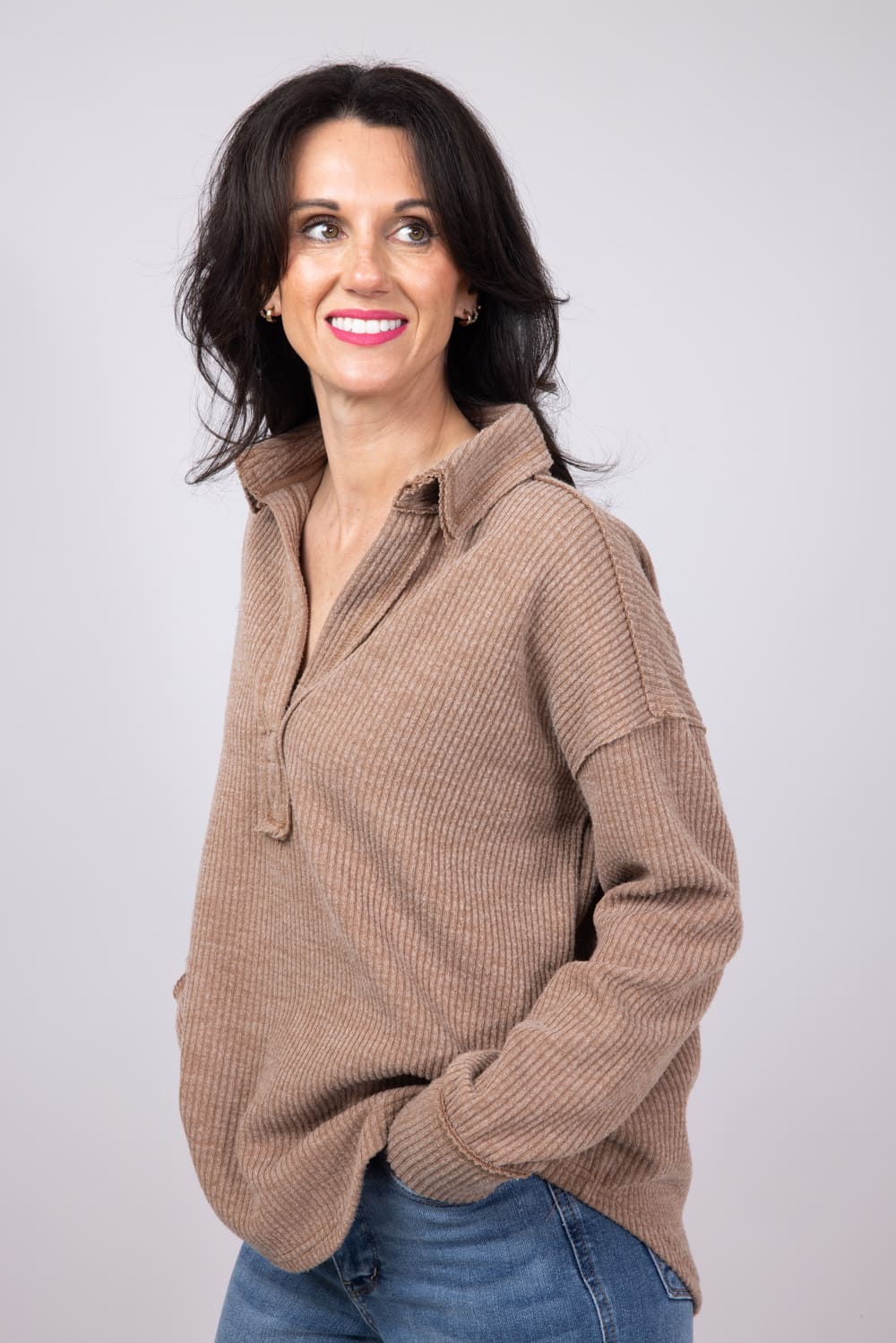 Simply Southern V-neck Collar Top for Women in Sand | PP-0224-TOP-KNIT-VNCK-SAND - Image 3