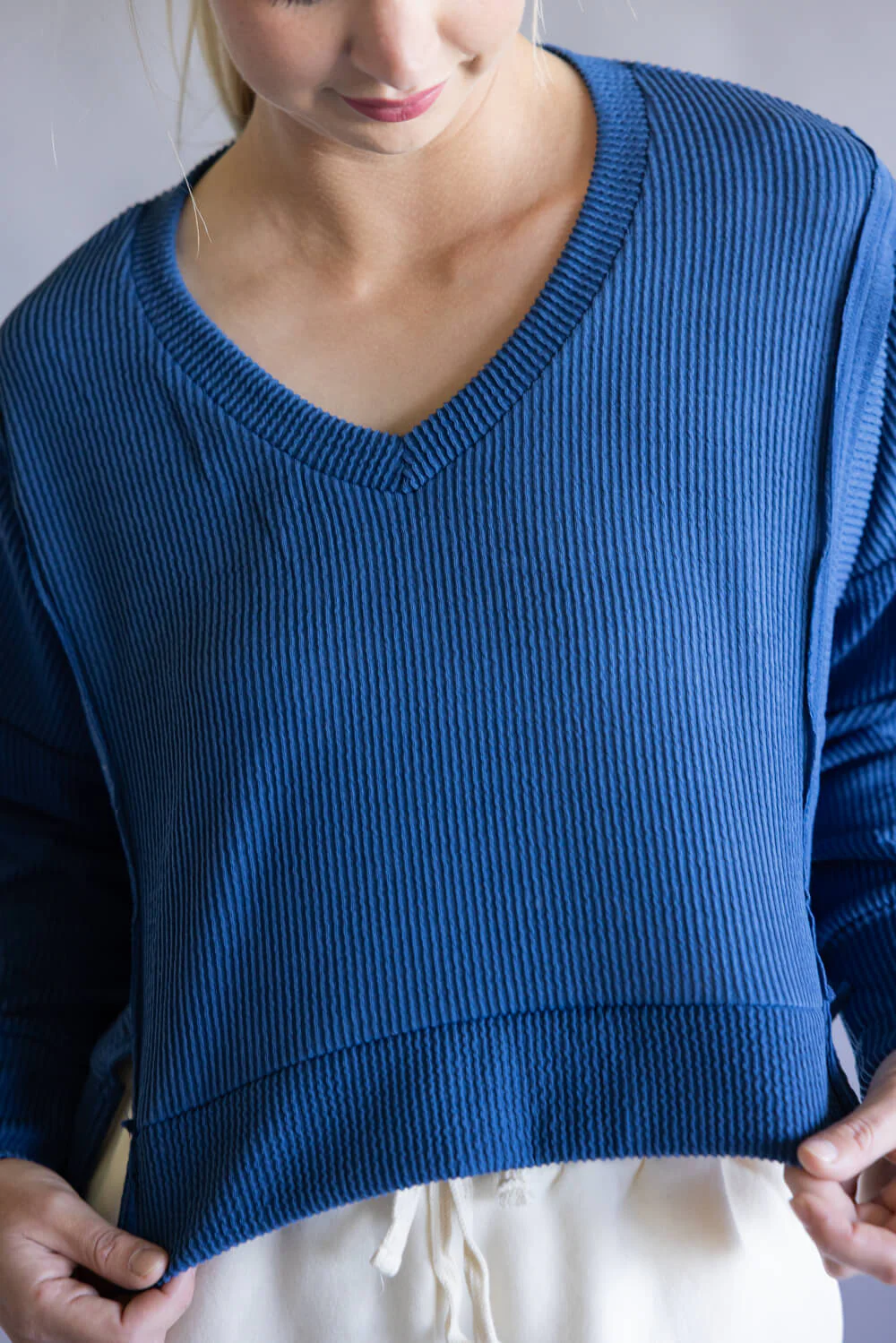 Simply Southern V-Neck Crop Pullover Top for Women in Dark Blue | PP-0225-SWTR-KNT-DKBLUE - Image 3