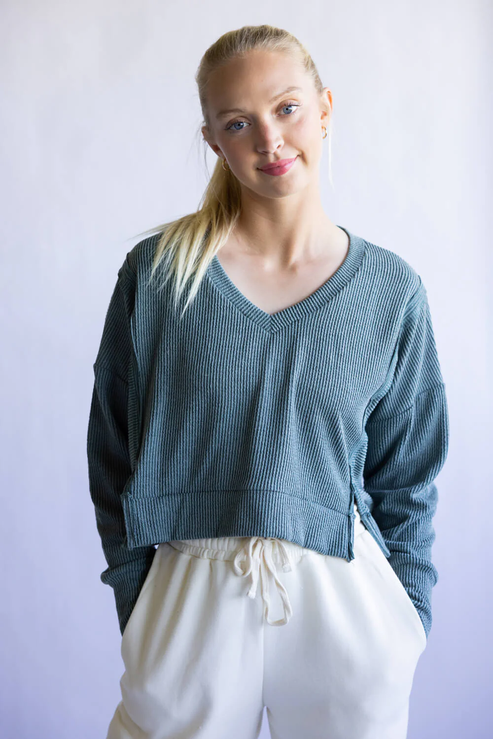 Simply Southern V-Neck Crop Pullover Top for Women in Jade | PP-0225-SWTR-KNT-JADE - Image 3